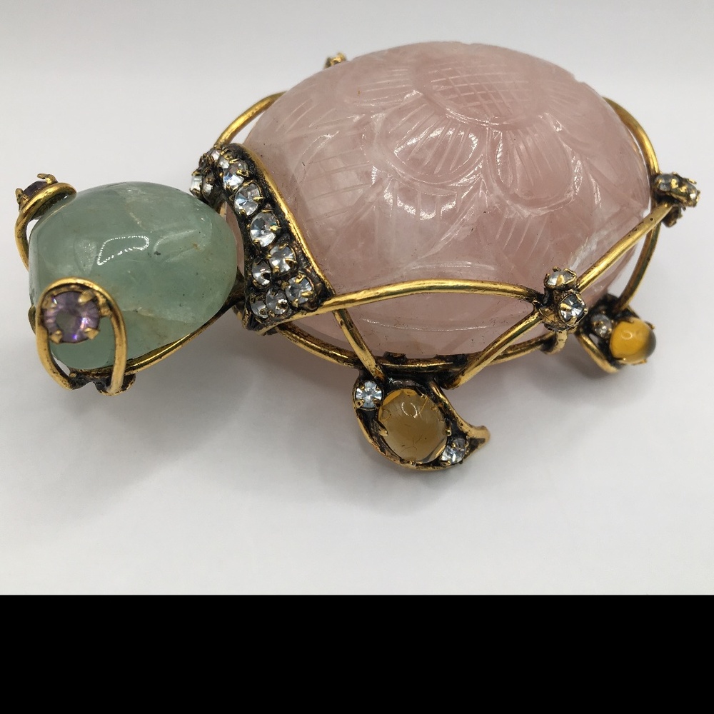 IRADJ MOINI Vintage Costume Jewelry Large Turtle Gemstone Brooch Pin Pink Quartz